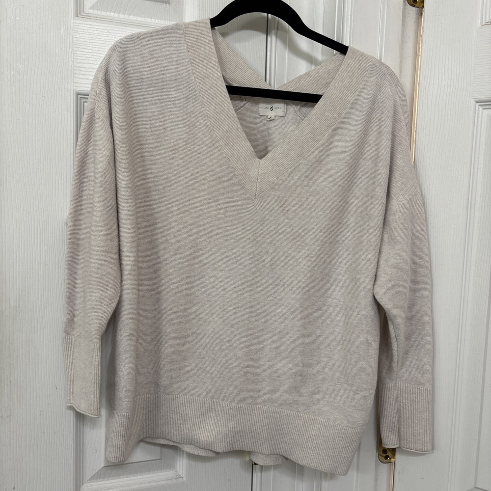 Lou & Grey Womens Double V Sweater Textured Split Hem Cotton Heather Ivory M